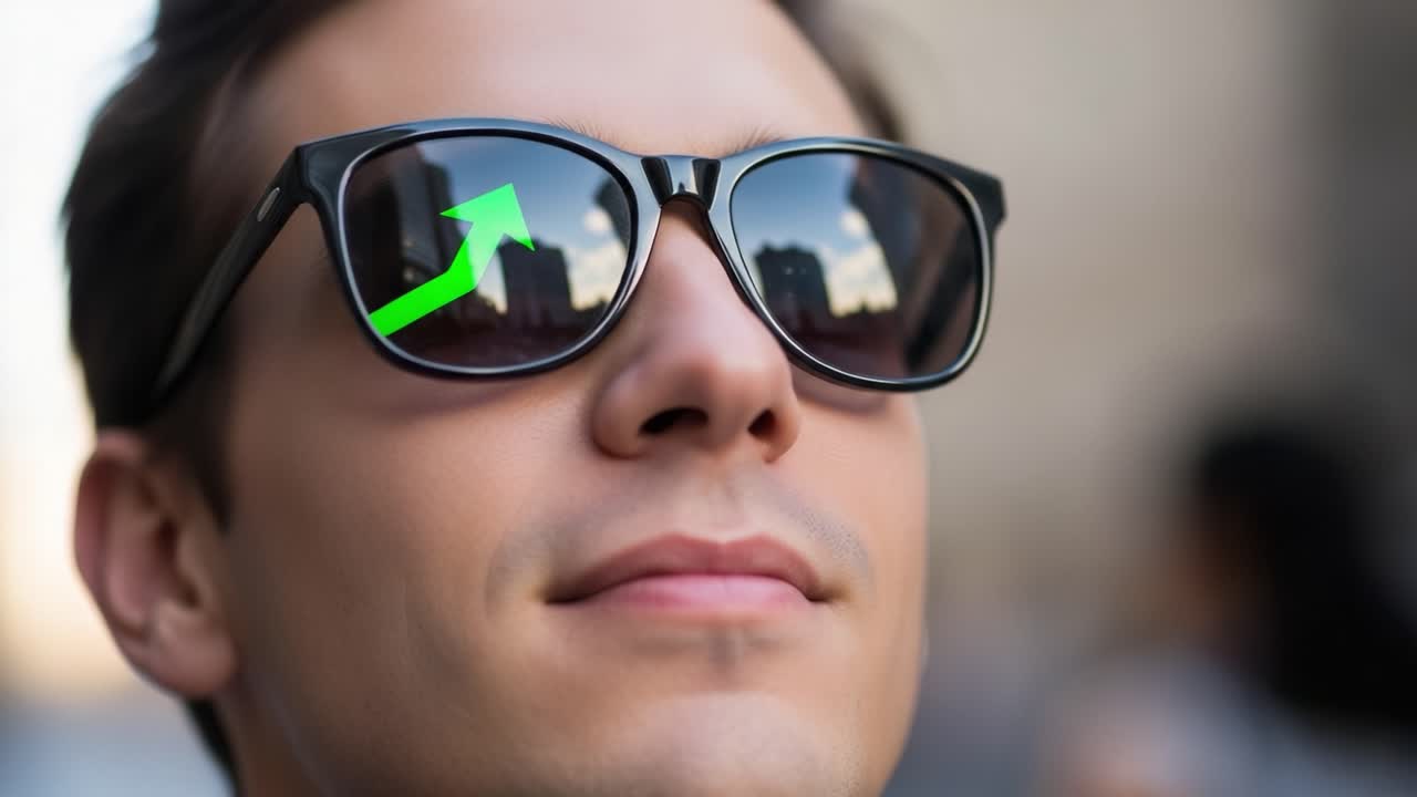 A series of moments capturing a confident individual wearing stylish sunglasses, reflecting a vibrant urban landscape and upward aspirations in the mirrored lenses