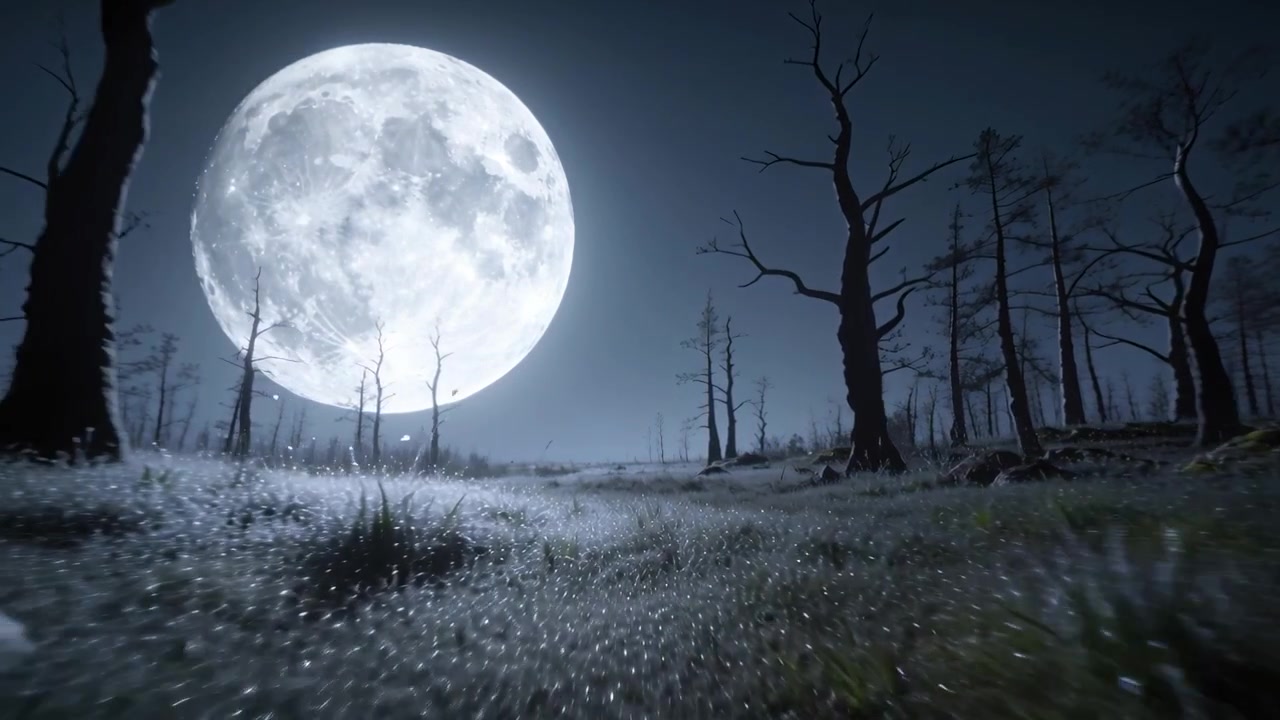 Carrello in movimento, telecamera che scivola sull'erba brinata di notte, rivelando la luna e gli alberi spogli.