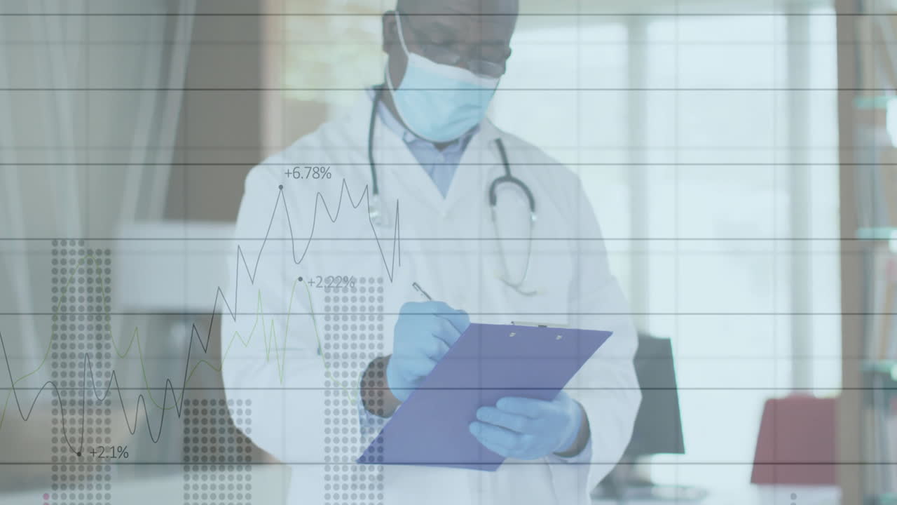 Senior male doctor writing on clipboard in medical office, displaying animated percent line graphs