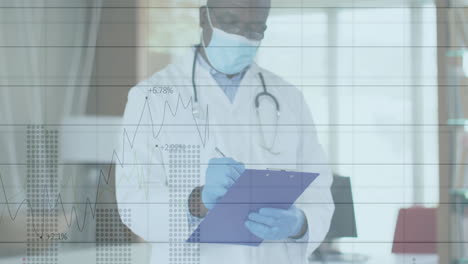 senior male doctor writing on clipboard in medical office, displaying animated percent line graphs