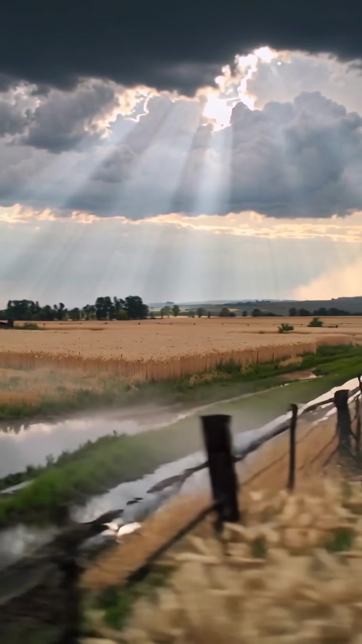 Video verticale: La luce del sole che filtra tra le nuvole, con la telecamera che panoramica sul grano in una fattoria, mostrando pozzanghere.