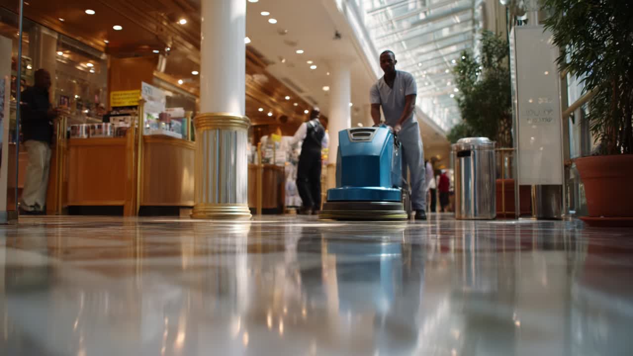 A dedicated janitor skillfully operates a floor cleaning machine in a modern atrium, ensuring the gleaming marble floors shine as he navigates through a busy public space filled with people