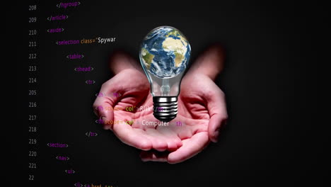 holding light bulb with earth, hands over html code and spyware animation