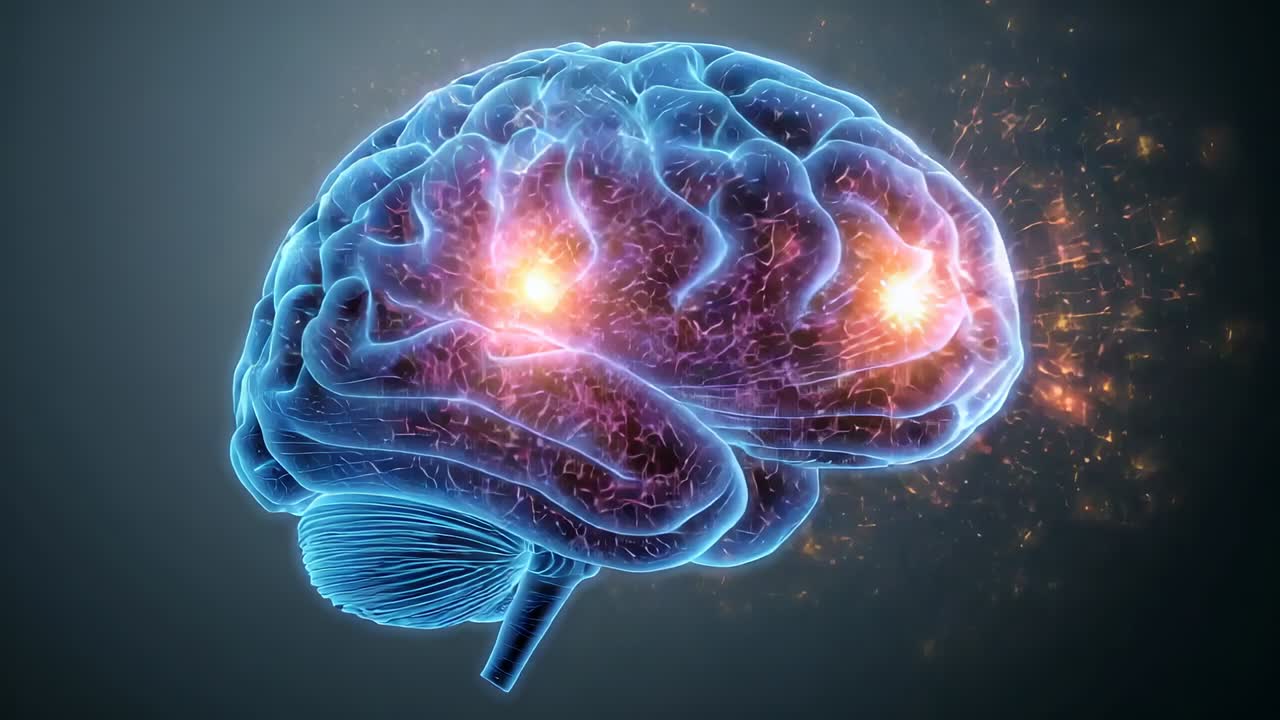 Igniting 3D-rendered brain rotating in gradient showing bilateral sparks and drifting particles