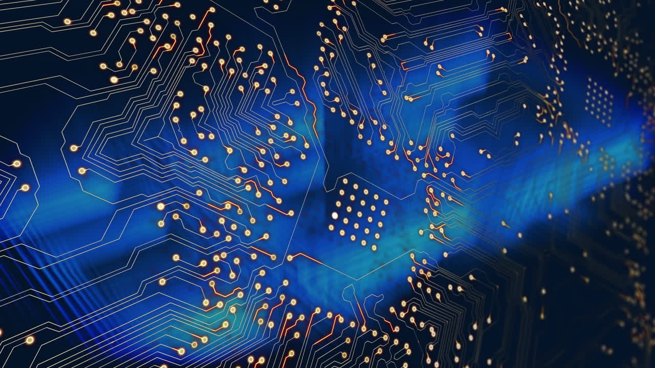 블랙 배경에 대한 파란색 빛 트레일을 통해 마이크로프로세서 연결의 디지털 애니메이션