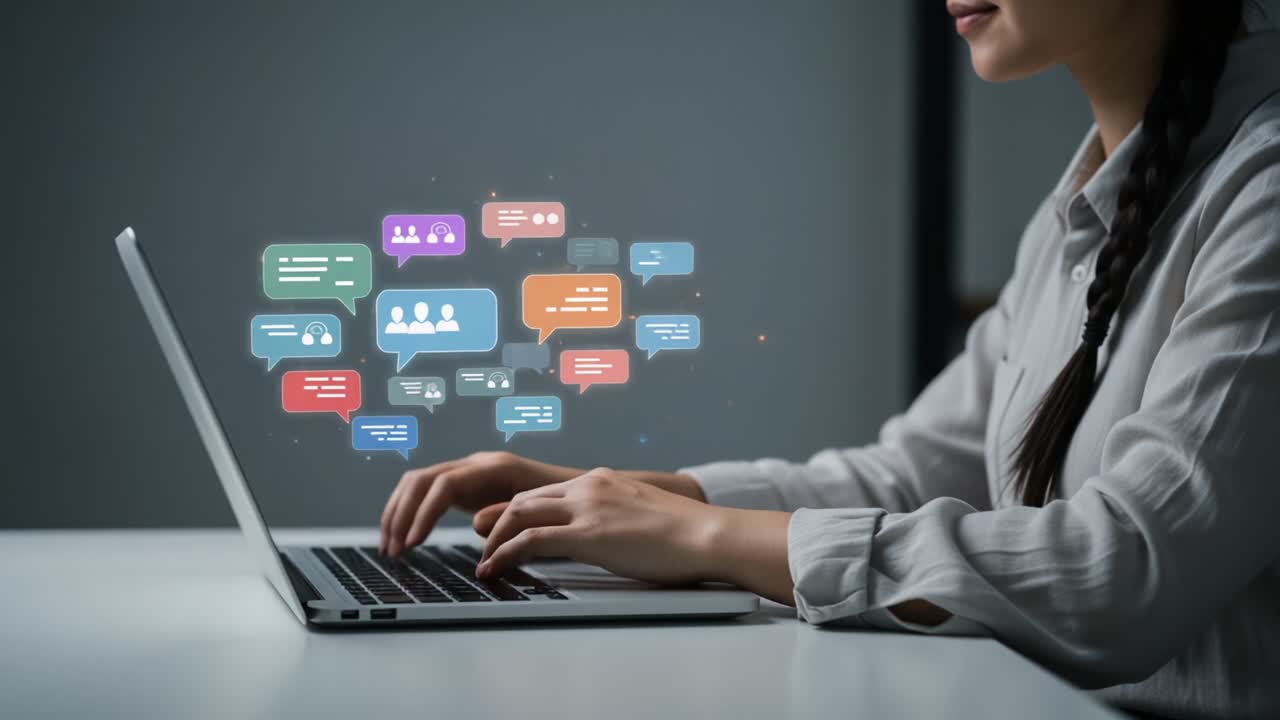 A digital communication scene showcasing a woman engaging with an online conversation through her laptop, illustrated by vibrant speech bubbles representing diverse dialog