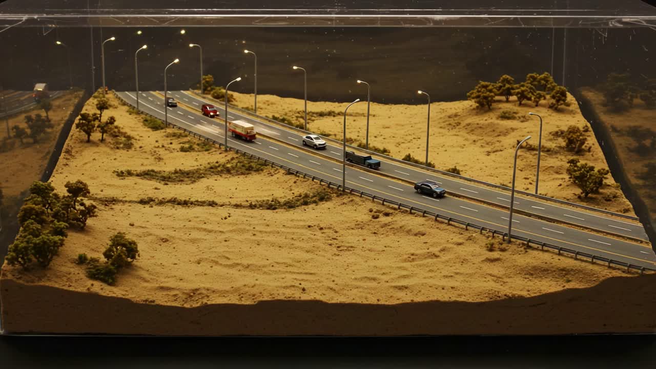 Intricate Miniature Model of a Desert Highway Showcase with Detailed Landscaping and Traffic, Captured in Two Distinct Frames Displaying Vehicles in Motion