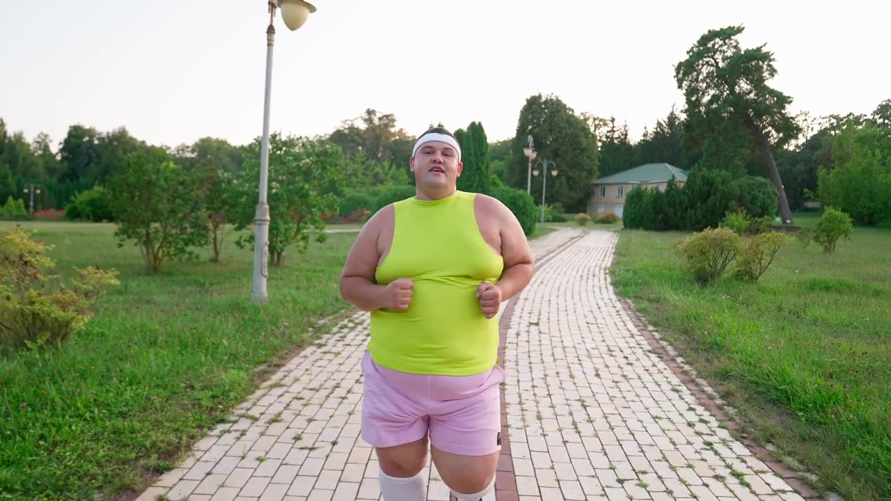 Uomo in sovrappeso che fa jogging su un sentiero pavimentato in un parco verde