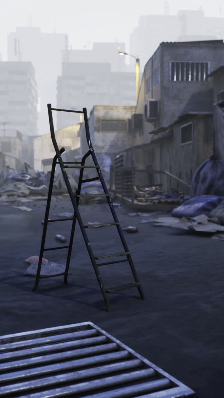 Abandoned urban street with a ladder in a desolate environment