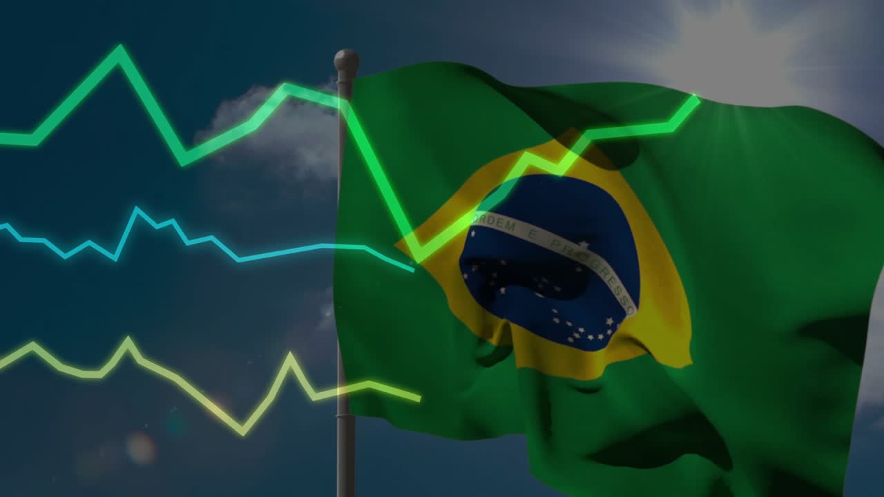 Neon line graphs appearing from left and sweeping across Brazilian flag ...