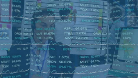 animation of trading board and graphs over caucasian woman wearing headphones and using laptop