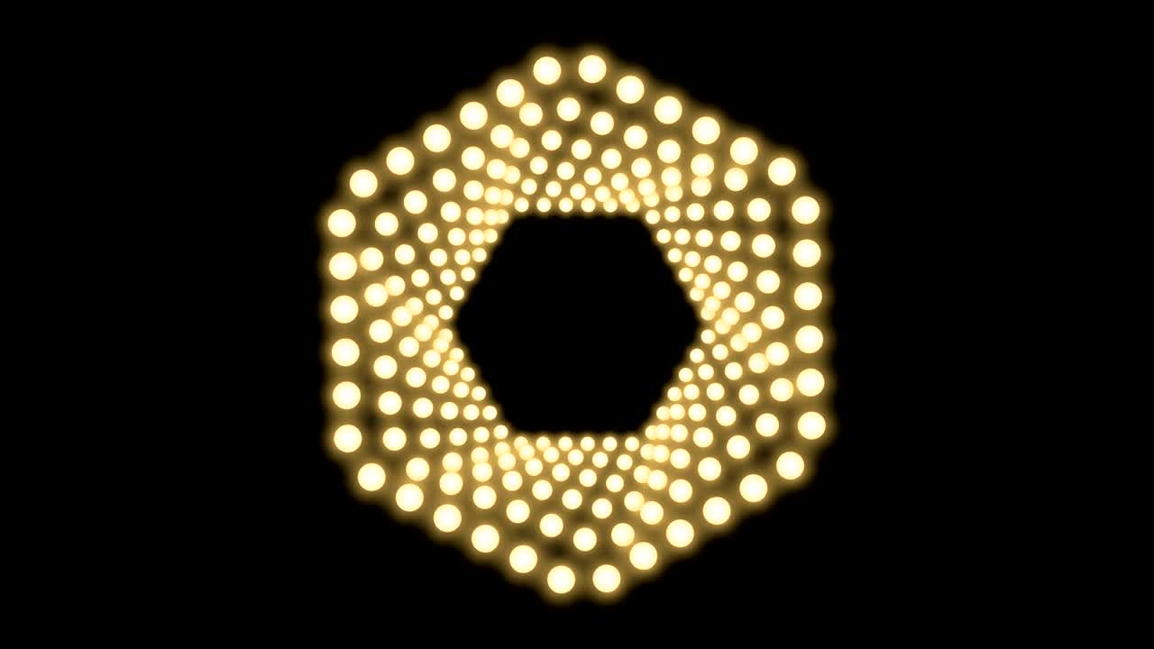 Tunnel Incandescent light bulb box frame hexagon shape swirl rotate moving pattern, retro 3D virtual style illustration glow in dark background seamless looping animation 4K, with copy space