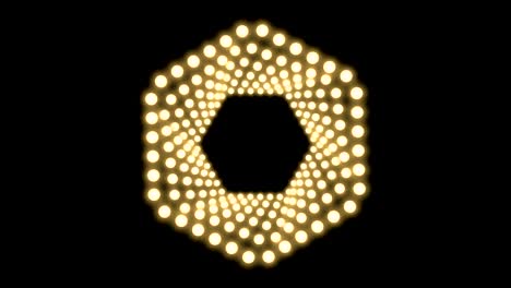caja de bombilla incandescente de túnel marco de forma hexagonal remolino girar patrón en movimiento, retro 3d estilo virtual ilustración brillo en fondo oscuro animación de bucle sin costuras 4k, con espacio de copia