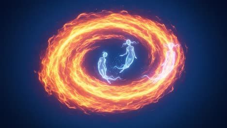 a dynamic interaction of spirit figures surrounded by a vortex of fiery energy, highlighting the contrast of ethereal forms against a dark background