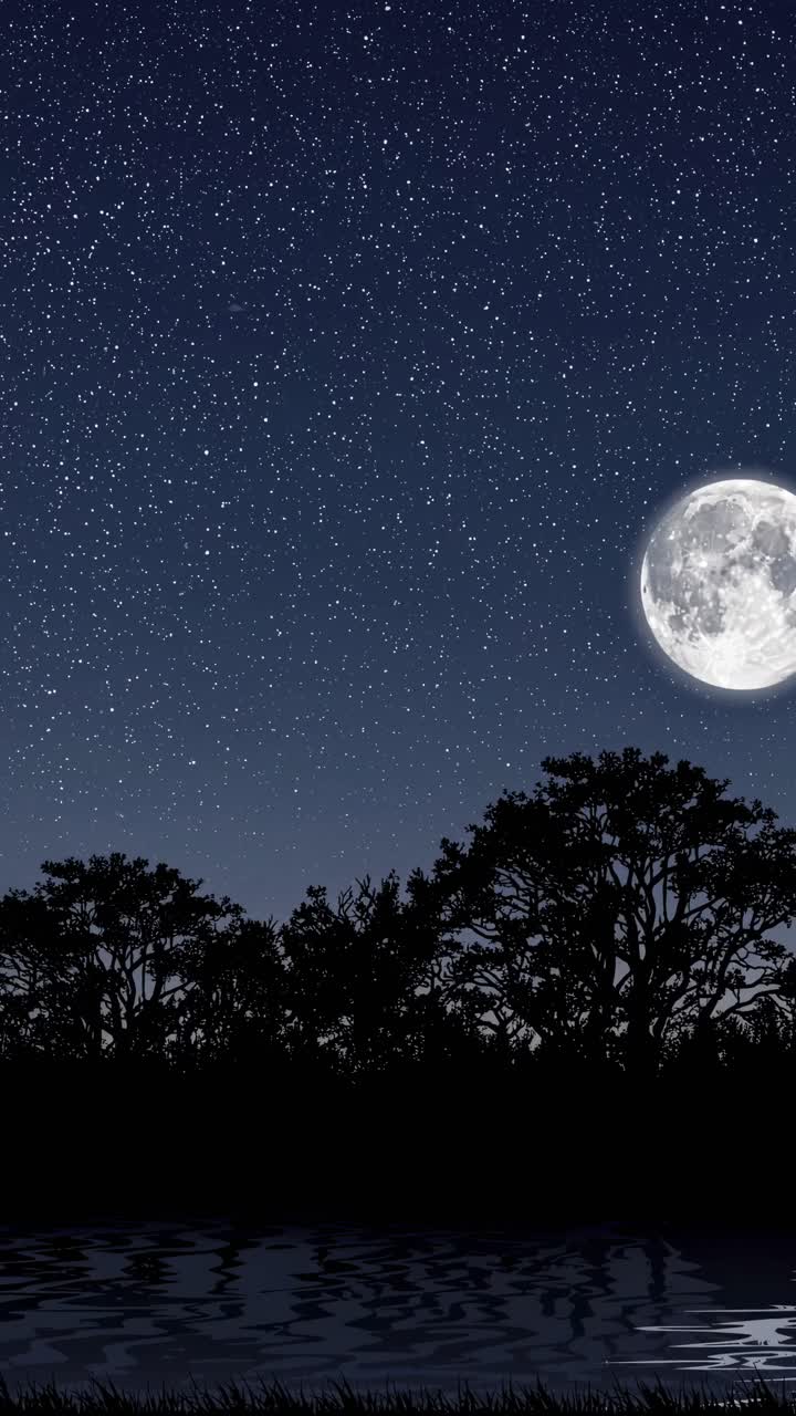 A serene night sky video with a full moon and stars above silhouetted trees, captured from a low