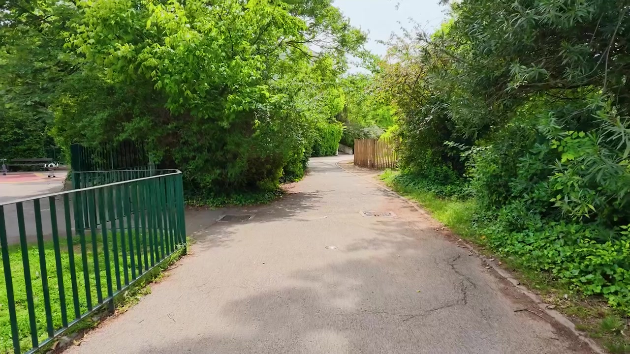 A steady camera moves forward along a paved park path surrounded by dense green trees