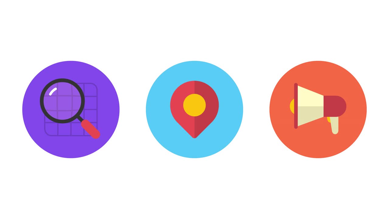 Business icons magnifier geotag megaphone. Animation icons. Transparent background