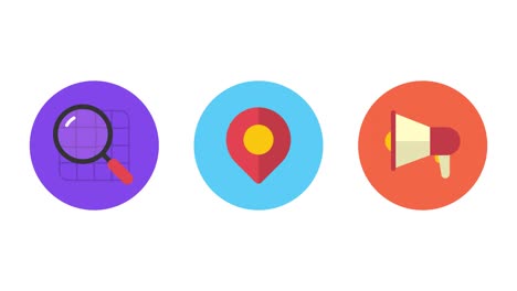 los íconos de negocios son una lupa, las etiquetas geográficas son un megáfono, los iconos de animación son un fondo transparente.