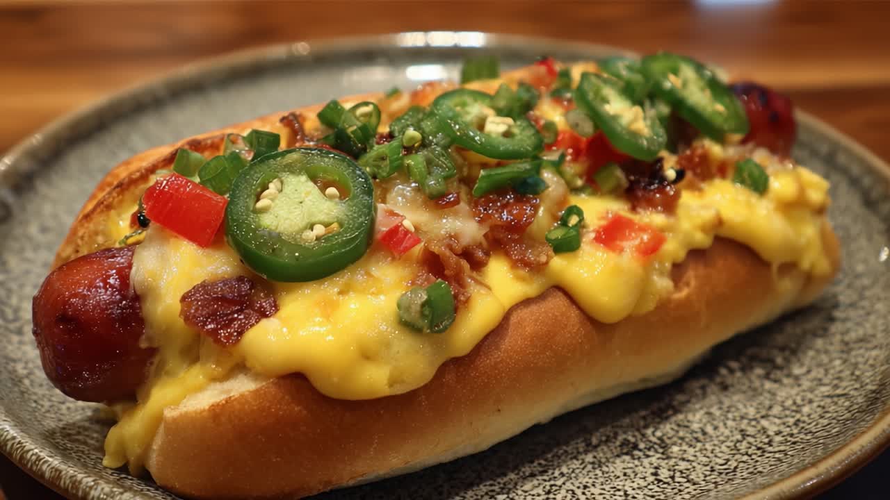 Squisito hot dog gourmet guarnito con colorati jalapeños, verdure fresche e formaggio fuso, perfettamente grigliato e servito su un panino artigianale