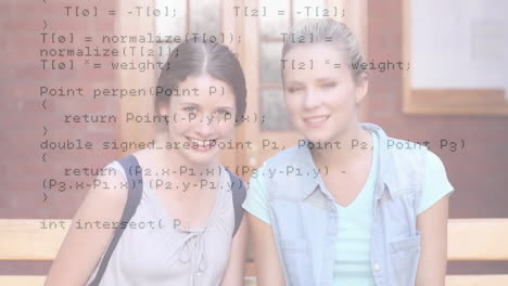 animación de procesamiento de datos sobre amigas caucásicas sonriendo