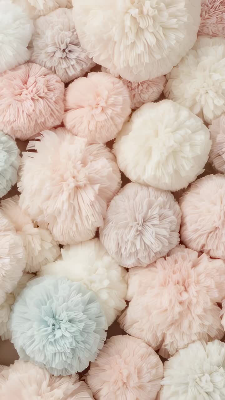 Video verticale: carrellata orizzontale che mostra pompon di filato color pastello su un tavolo da studio, mettendo in risalto le fibre