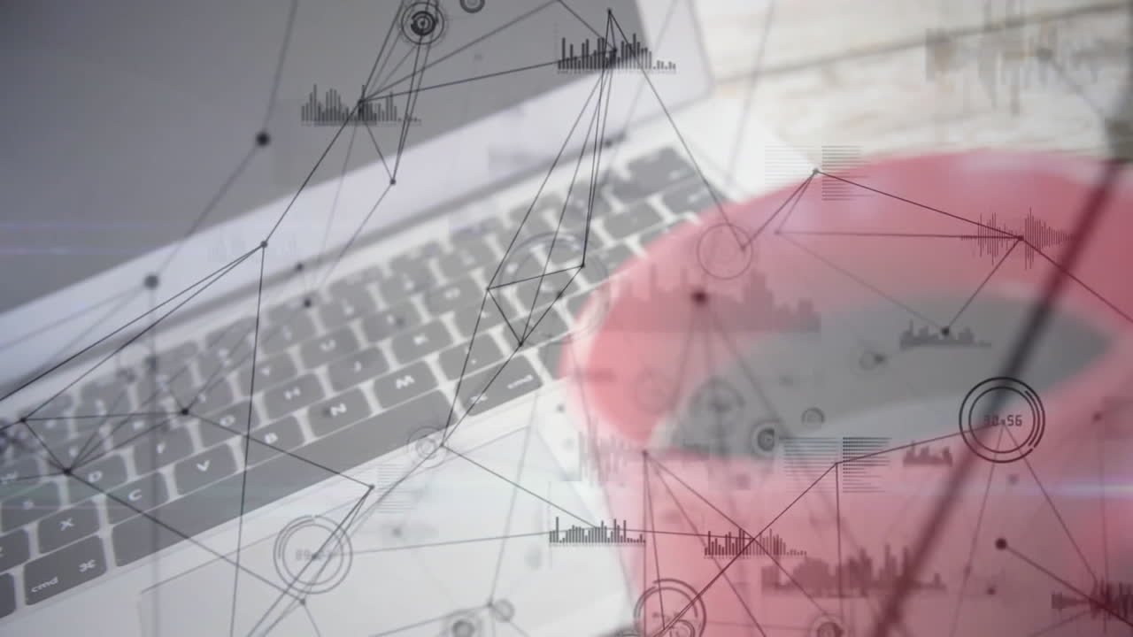 Laptop keyboard resting under flat design network overlay, displaying data charts beside red mug