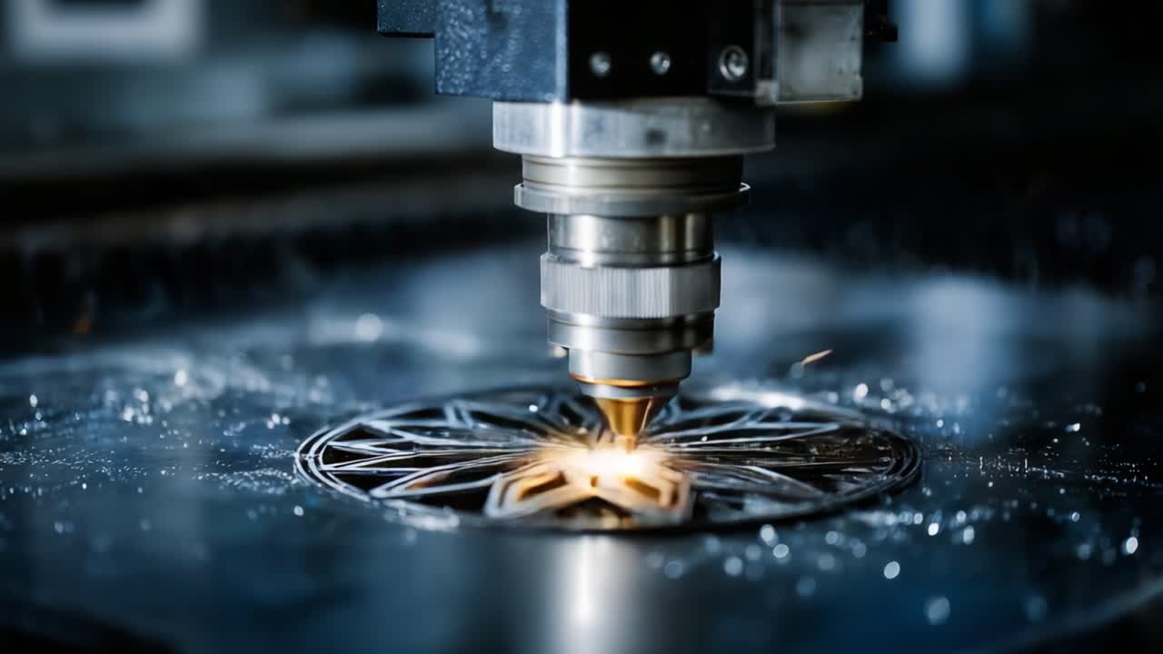 Precision Laser Cutting Process Captured in Action: Dynamic Sparks Emanate from the Laser Head as it Engages with Material for Intricate Design Creation