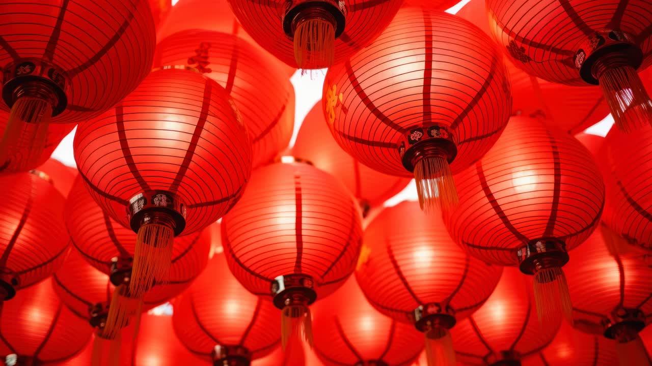 Low-angle video shot of vibrant red lanterns, capturing a festive and cultural ambiance