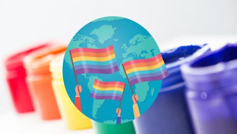 Animation-of-rainbow-flags-over-globe-with-paints-in-background