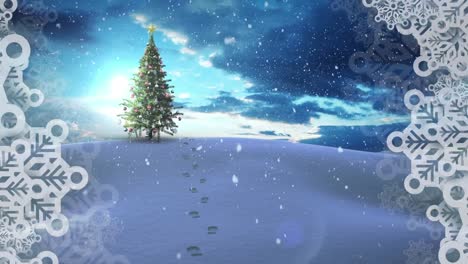 Animation-Von-Schnee,-Der-über-Den-Weihnachtsbaum-In-Der-Winterlandschaft-Fällt