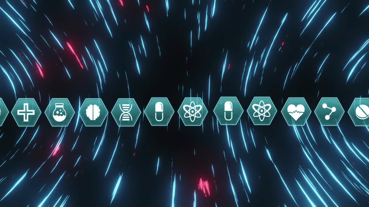múltiples iconos médicos que se mueven contra rastros de luz en movimiento circular