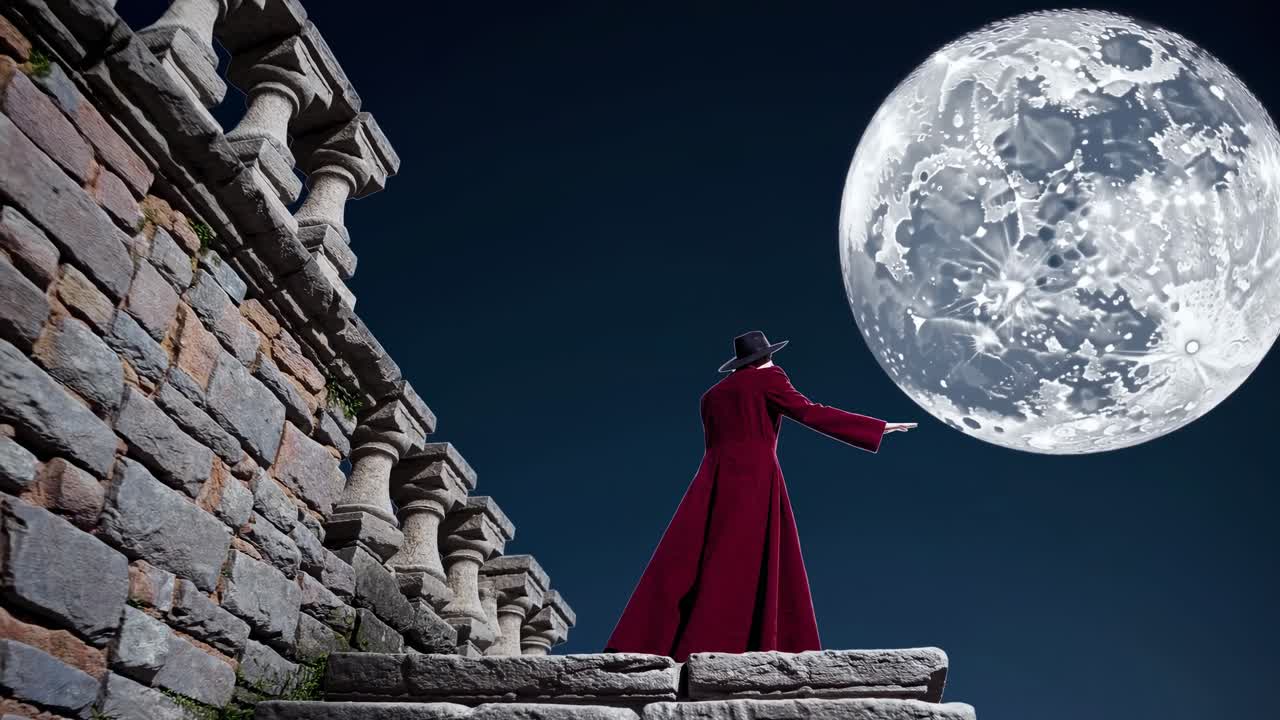 밤에 고대 벽에 은 코트를 입은 남자