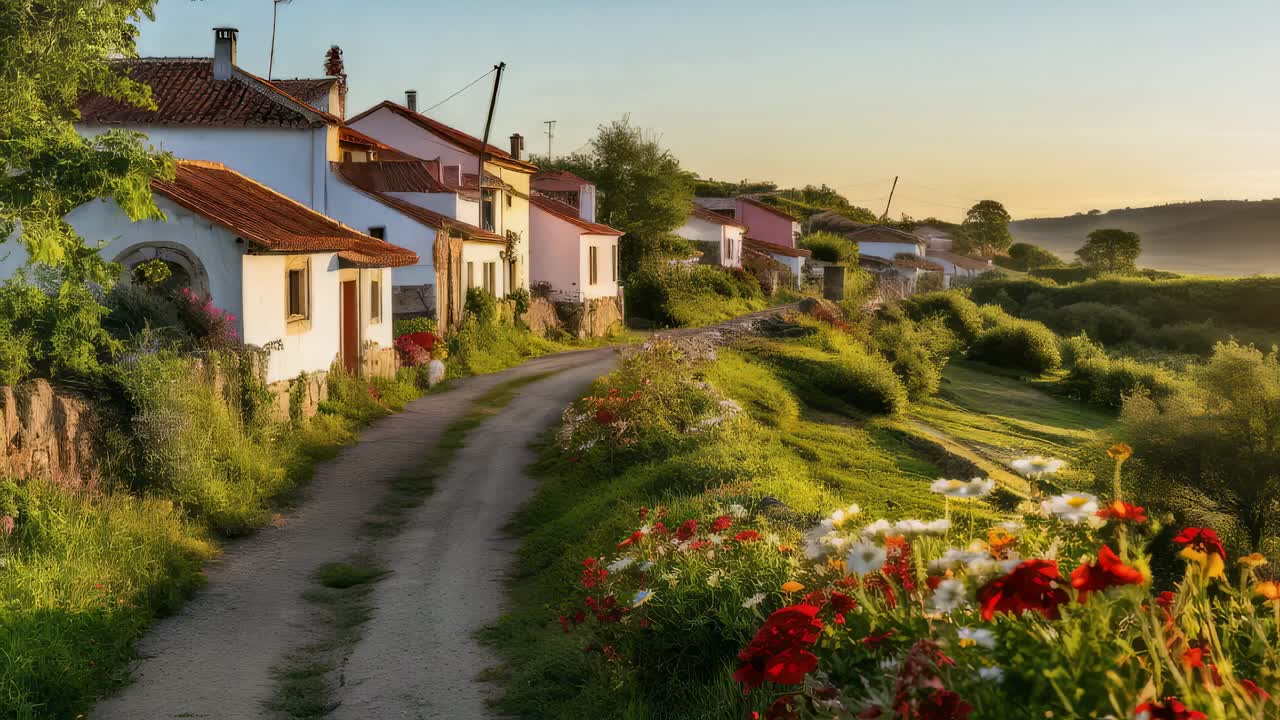 Warm sunlight illuminates a picturesque village road, winding through vibrant blossoms and leading towards charming houses nestled amidst the tranquil landscape at sunset