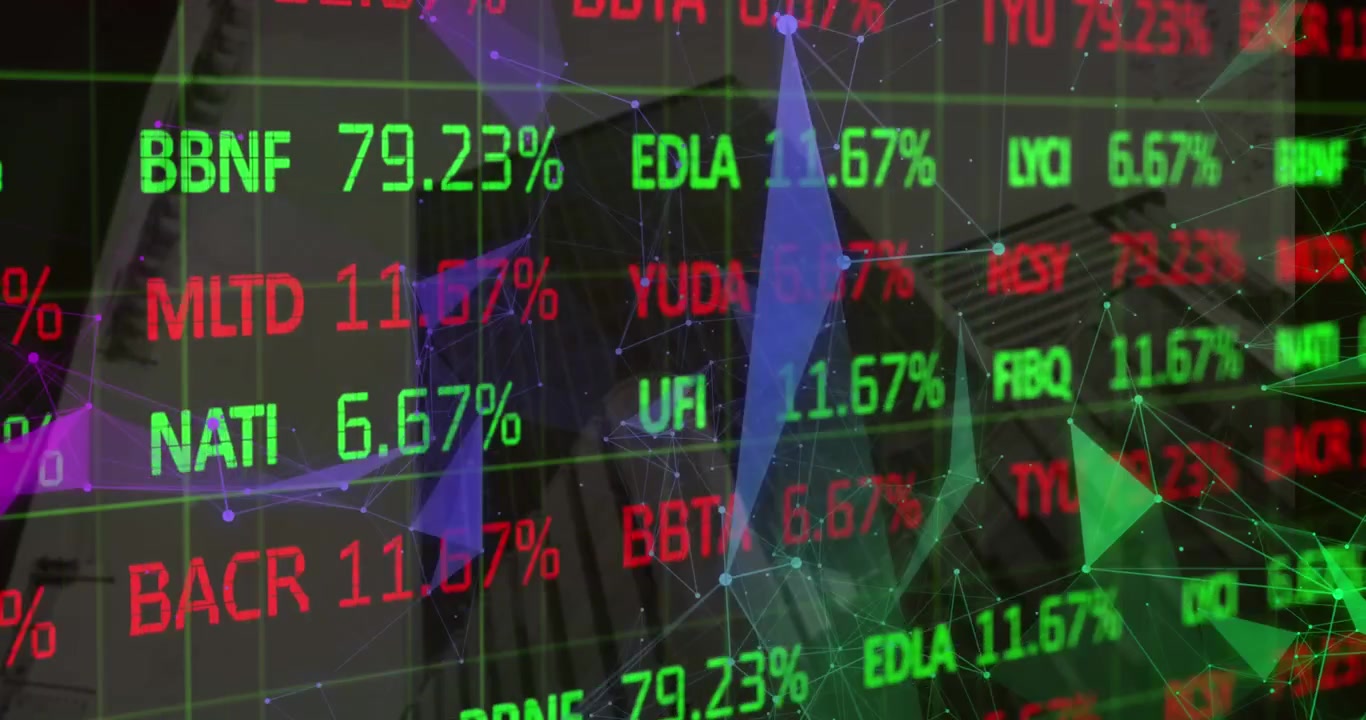 Animazione dell'elaborazione di dati finanziari su moderni edifici per uffici