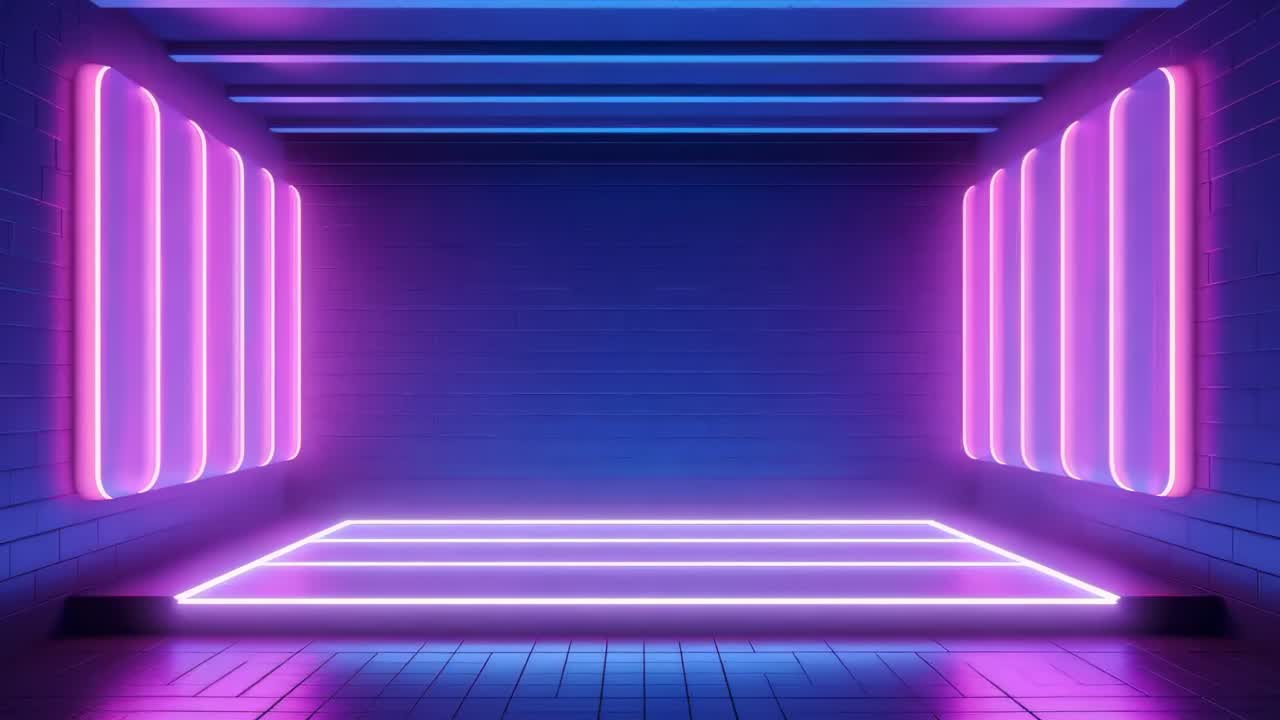Futuristic room with neon pink and blue lights, viewed from a low angle