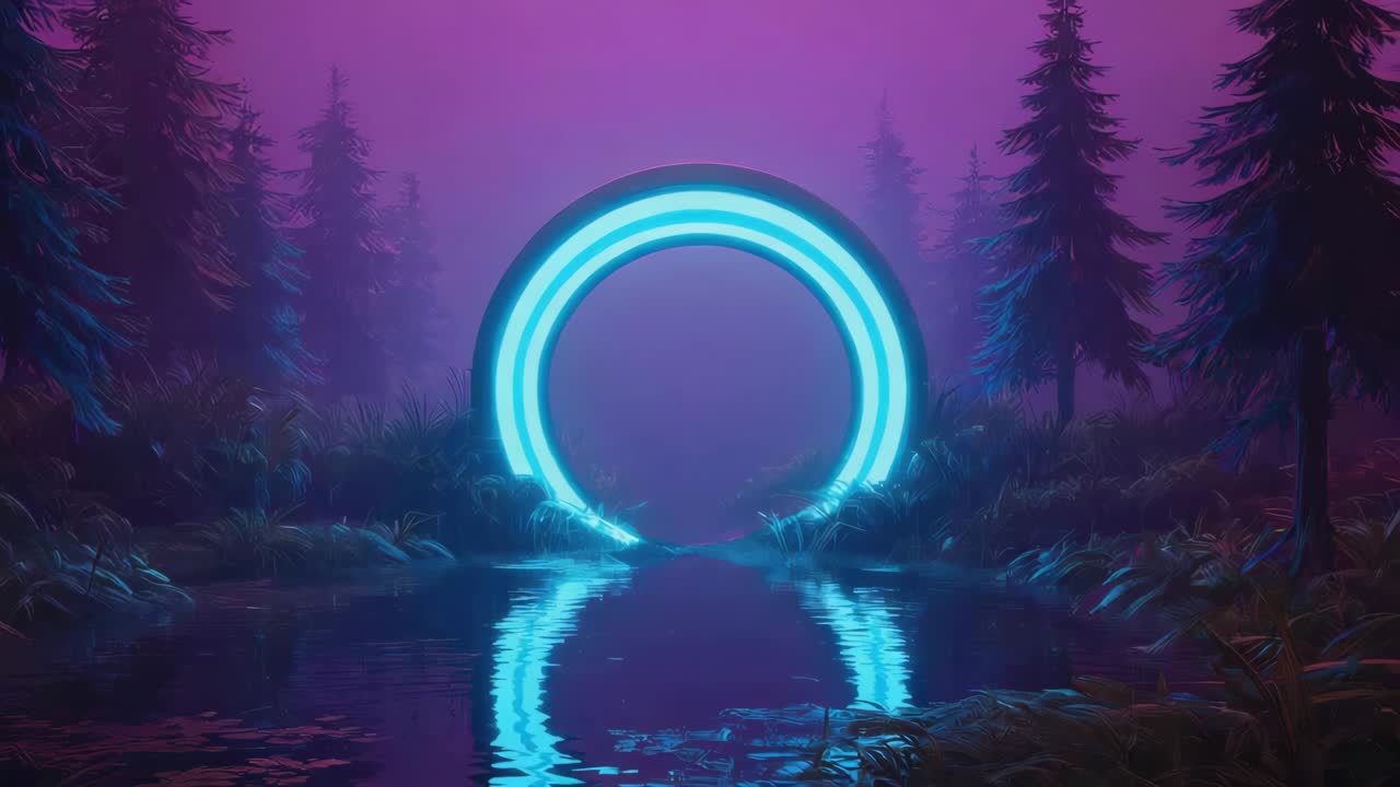 Mystical Neon Portal in Forest Lake