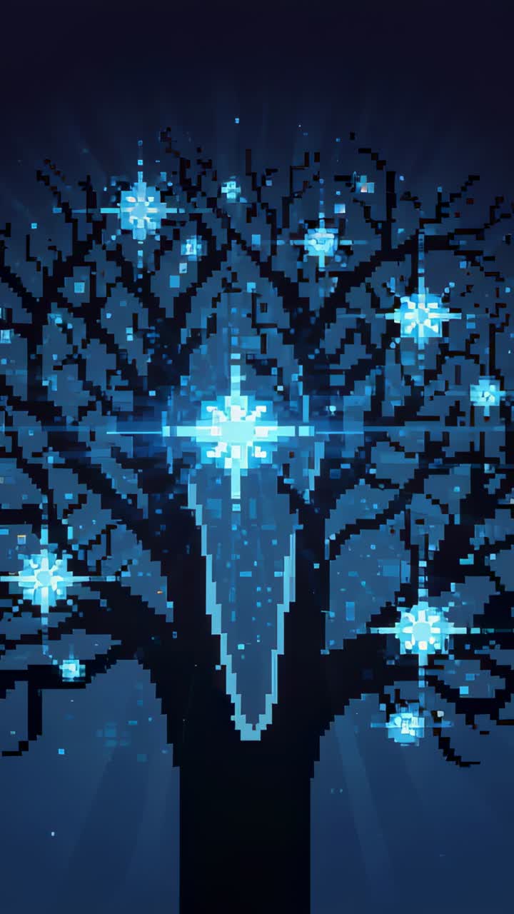 Vertical video: Pulsing center star firing flare, ice beam, pixels and hanging stars on pixel tree
