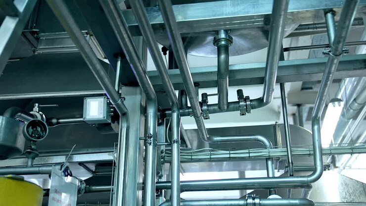 Production of yogurt and milk at dairy factory, industrial equipment for fermentation