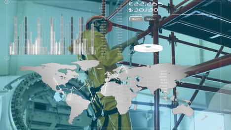 person in safety gear climbing scaffolding with financial data overlay animation