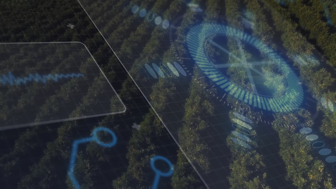 Circular data chart hovering above orchard rows, displaying grid overlay and waveform traces