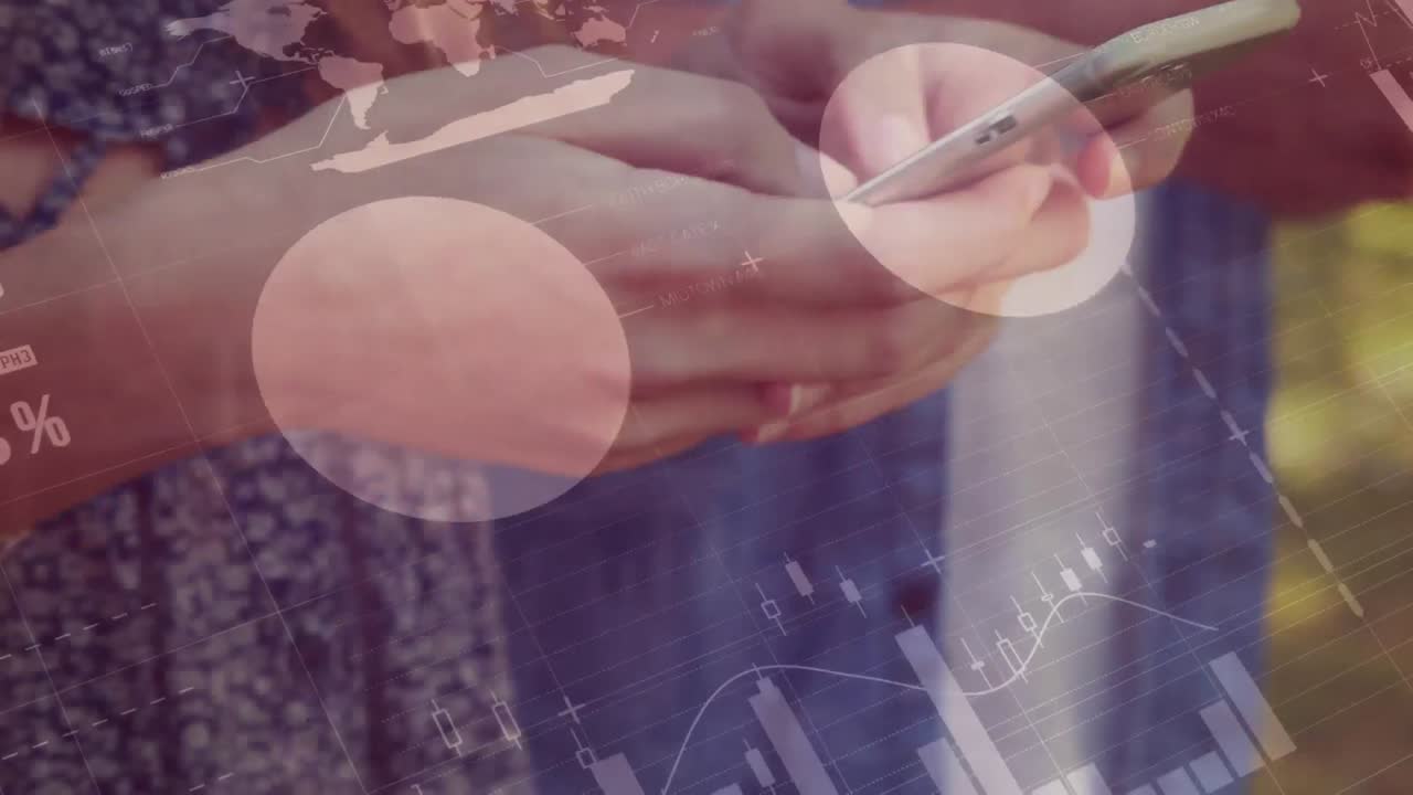 animación del procesamiento de datos estadísticos sobre la sección media de personas que usan teléfonos inteligentes al aire libre