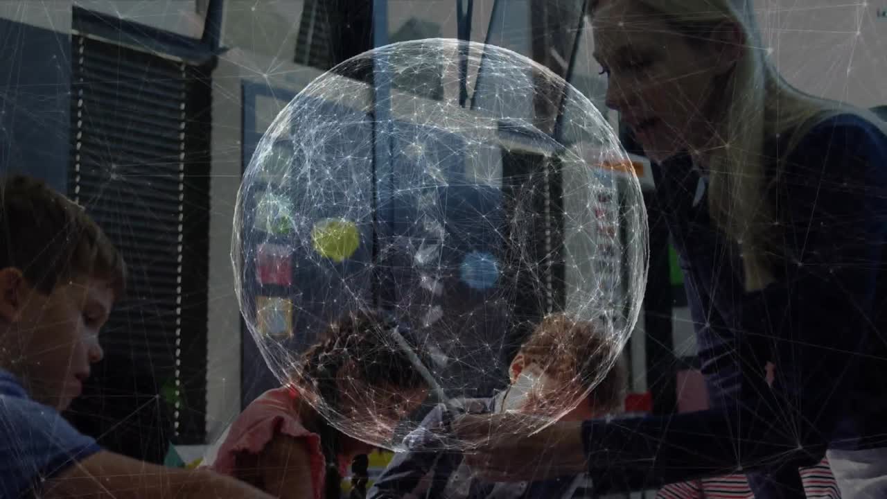 Children reaching tools, crafting; teacher guiding, globe overlay rotating showing school network