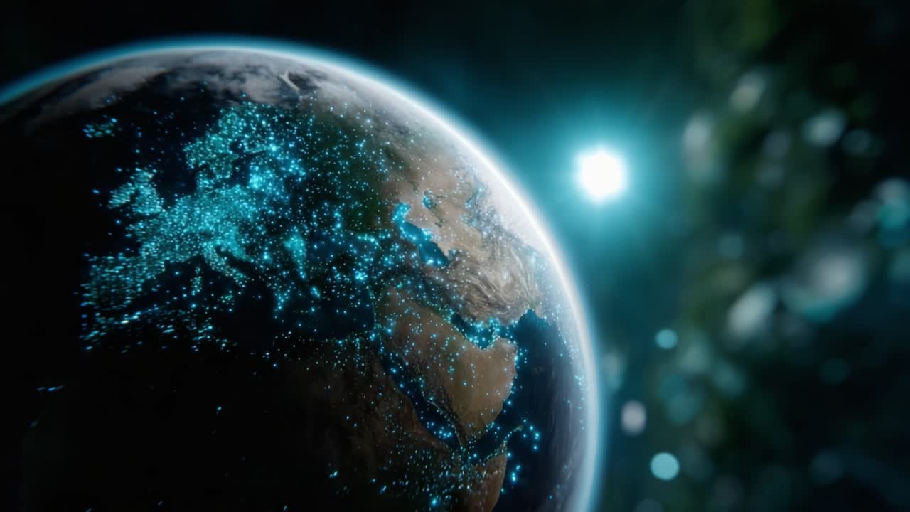 A Stunning View of Earth from Space Illuminated by Bright City Lights and Stars at Night, Capturing the Beauty of Our Planet's Surface in a Cosmic Context