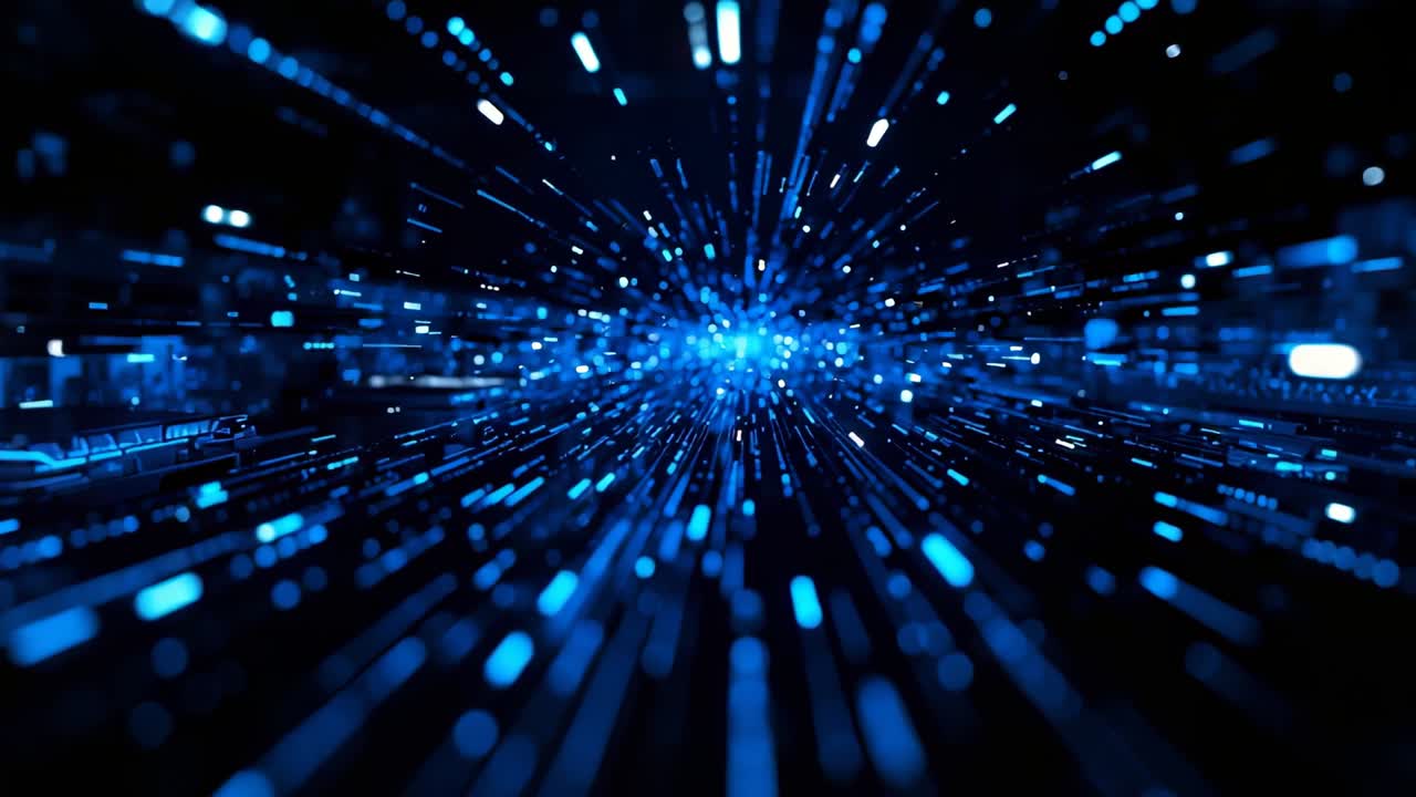 Starting streaming blue data block streaks in virtual tunnel showing information flow