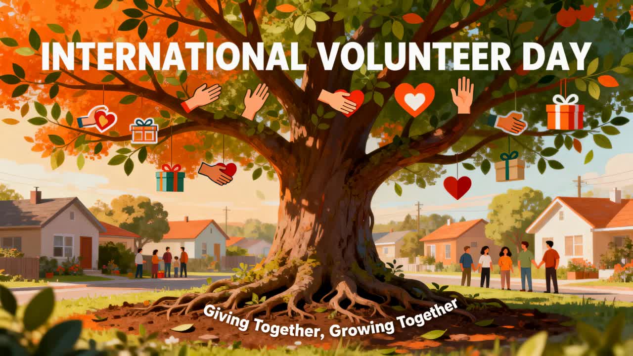 Camera zooming toward mature tree in suburb, icons descending celebrating volunteer day