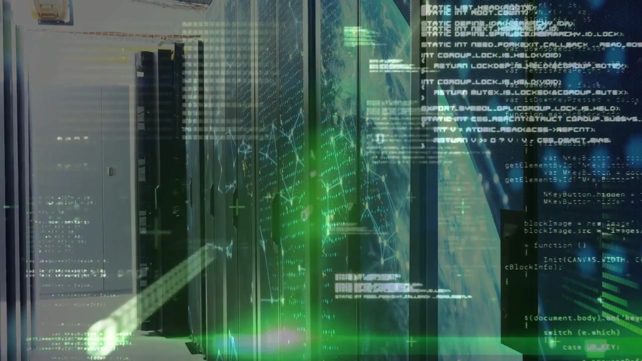 Server racks receiving animated globe and scrolling code, green scanline pulsing to monitor network