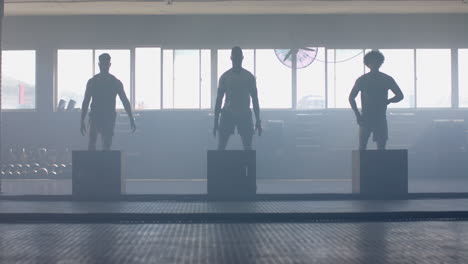 exercising in gym, three men doing box jumps, focusing on fitness training