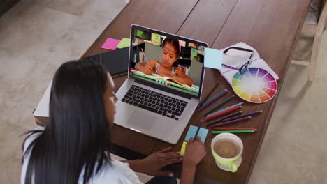 Caucasian-female-teacher-using-computer-on-video-call-with-schoolgirl,-writing