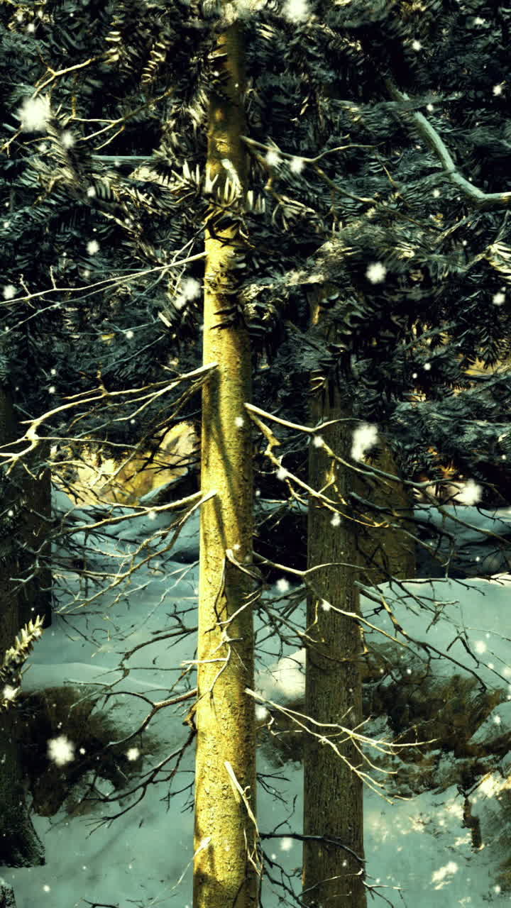 Snowfall gently covers a serene forest landscape during winter season