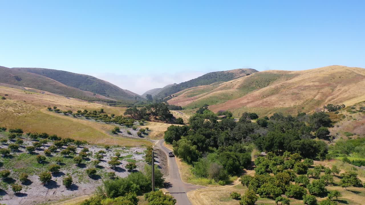 пикап проезжает по ферме авокадо на побережье санта-барбара, калифорния